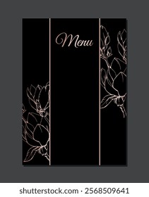 Vintage template  with flowers on a black background, hand draw composition for menu restaurant, invitation, greeting card and décor.  