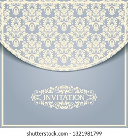 Vintage template with frame and ornate panel. Ornamental lace pattern design  for wedding invitation, greeting card, certificate. Vintage blue ornate background