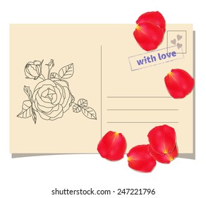 Vintage template invitation card with bouquet of roses and  stamp