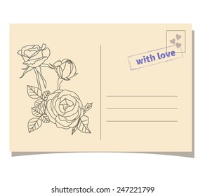 Vintage template invitation card with bouquet of roses and  stamp