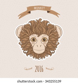 Vintage template monkey head. Symbol of 2016. Vector illustration.