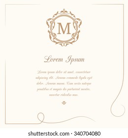 Vintage template with monogram and calligraphic frame. Wedding invitation. Can be used for greeting cards, invitations, menus, labels. 