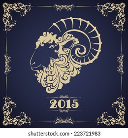Vintage template with ornament and decorative goat. Symbol of 2015 