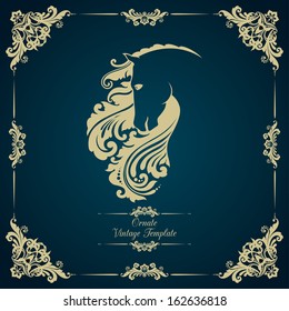 Vintage template with ornament and decorative horse. Symbol of 2014