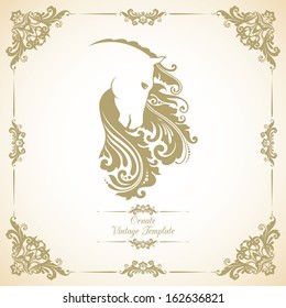 Vintage template with ornament and decorative horse. Symbol of 2014