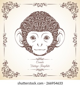 Vintage template with ornament and decorative monkey. Symbol of 2016