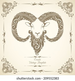 Vintage template with ornament and decorative sheep. Symbol of 2015