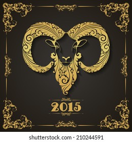 Vintage template with ornament and decorative sheep. Symbol of 2015 