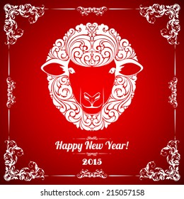 Vintage template with ornament and decorative sheep. Symbol of 2015 