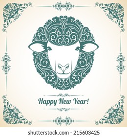 Vintage template with ornament and decorative sheep. Symbol of 2015 