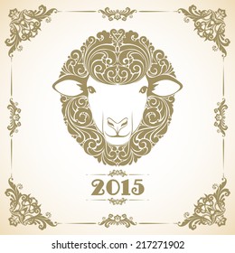 Vintage Template With Ornament And Decorative Sheep. Symbol Of 2015 