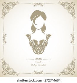 Vintage template with ornamental decorative frame and icon girl in elegant dress