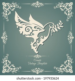 Vintage template with ornamental dove and olive branch. Symbol of peace. 
