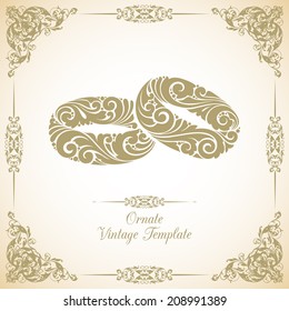 Vintage template with ornamental frame and couple of wedding decorative rings