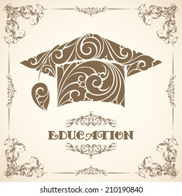 Vintage template with ornamental frame and decorative hat  Education icon.