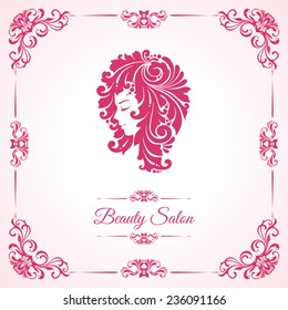 Vintage template with ornamental frame and decorative girl
