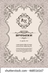 Plantilla de época con marco ornamental, monogramo y fondo clásico. Diseño de invitación de matrimonio, tarjeta de felicitación, menú, etiqueta, certificado