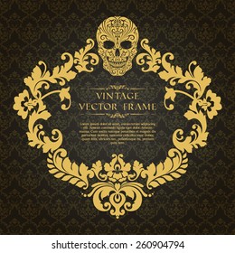 Vintage template ornamental frame skull and patterned background. Beautiful elegant frame design with skull and patterns
