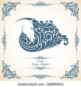 Vintage template with pattern frame and decorative horse with ornate mane