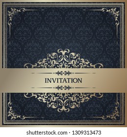 Vintage template with pattern and ornate border. Ornamental lace pattern for wedding invitation, greeting card, certificate. Blue and Gold ornate background