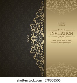 Plantilla de época con patrón y borde ornamentado. Patrón de encaje ornamental para la invitación a la boda, tarjeta de saludo, certificado. Fondo ornamentado en negro y oro