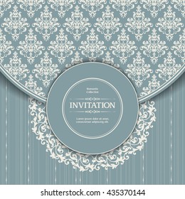 Vintage template with pattern and ornate border frame. Ornamental lace pattern for wedding invitation, greeting card, certificate. 