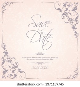 Plantilla de época con trama y marco ornamentado. Patrón de encaje ornamental para la invitación de boda, tarjeta de saludo, certificado. Elegante fondo color pastel "Save the Date"