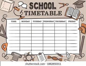 Vintage Template of a school schedule for 5 days of the week for students. Vector illustration in doodle style. Timetable Includes hand-drawn school theme elements.
