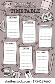 Vintage Template of a school schedule for 6 days of the week for students. Vector illustration in doodle styles. Includes hand-drawn elements on a school theme.