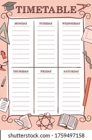 Vintage Template of a school schedule for 6 days of the week for students. Vector illustration in doodle style. Includes hand-drawn school theme elements.
