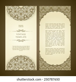Vintage template set with ornamental borders and patterned background. Wedding invitation design, Greeting Card