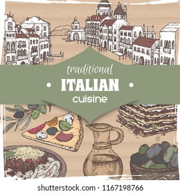 Vintage template with Venice landscape and color Italian cuisine dishes. Great for pizzeria, bakery and restaurant, cafe ads, brochures, labels.