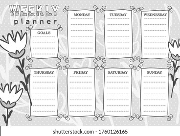 Vintage Template of a weekly planner for 7 days of the week and goals. Vector illustration in doodle styles. Includes hand-drawn flowers.