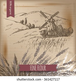 Vintage template with windmill, barn, field and hill landscape and wheat on wooden background. Great for bakery and travel ads, brochures, labels.