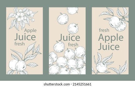 Vintage templates of apple juice. Hand drawn elements. Beige and green. Vector illustration for design packaging