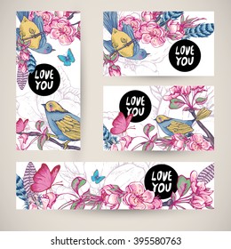Vintage templates set spring greeting card. Pink flowers blooming branches of cherry, apple trees, peach birds and butterflies, Love you vector botanical illustration. Floral design elements
