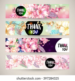 Vintage templates set spring horizontal banner. Pink flowers blooming branches of cherry, apple trees, peach and feathers, Thank you vector botanical illustration. Floral design elements