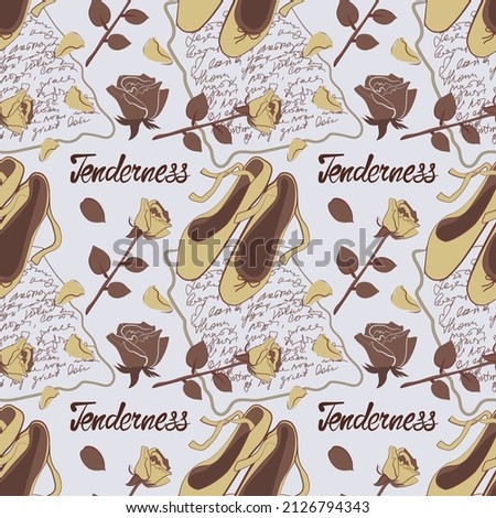 Vintage, tender, seamless pattern in romantic style. Soft, delicate colors. Beige, gray, broun.  Ballet shoes, rose petals, letter. It can be used as textile design, wrapping paper.