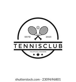 Vintage tennis ball club logo design with hipster drawing style