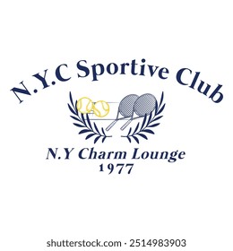 Vintage tennis club logo with rackets, tennis balls, and laurel leaves. Perfect for sports-themed designs and athletic merchandise