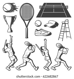 Vintage tennis elements collection with players cup court balls racket sneaker cap and judge chair isolated vector illustration