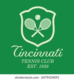 Logotipo de Antiguas tenis, insignia, emblema y mucho más. Cincinnati tenis club vintage camiseta estampado, ropa atlética diseño camisa impresión gráfica.