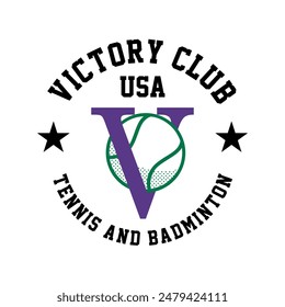 Vintage tennis logo, badge, emblem and much more. Victory tennis club vintage tee print, athletic apparel design shirt graphic print.