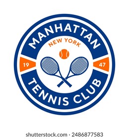 Logotipo de Antiguas tenis, insignia, emblema y mucho más. Estampado de camiseta vintage de Manhattan tennis club, estampado gráfico de camiseta de diseño de ropa deportiva.