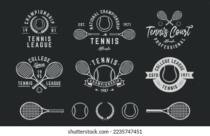 Vintage Tennis logo templates and 5 design elements for Tennis graphics. Tennis team, tournament, championship, league emblems templates. Tennis Racket, Ball, wheat wreath icons.Vector illustration