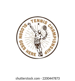 Vintage Tennis Player Shoot Ball Emblem Logo. Tennis Smash Championship Logo Design Template