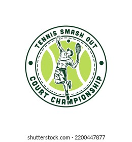 Vintage Tennis Player Shoot Ball Emblem Logo. Tennis Smash Championship Logo Design Template