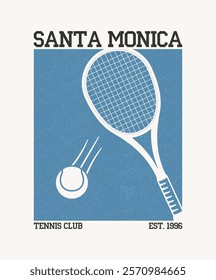 Vintage tennis t-shirt design with racket and ball. Santa Monica tennis club retro tee shirt design. Sports apparel print with grunge. Vector illustration.