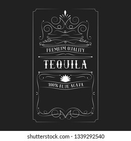 Vintage tequila label for bottle with lettering. Hand drawn alcohol frame typography border. 