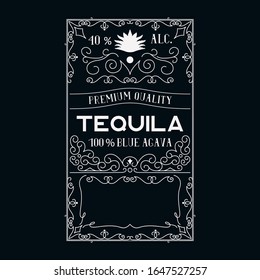 Vintage tequila label for bottle with lettering. Hand drawn western alcohol frame. 